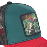 Gorra tipo trucker de CapsLab con diseño de Shenron de Dragon Ball. Presenta frente y visera en colores verde y rojo, con panel posterior de malla negra y parche bordado del personaje en el frente.