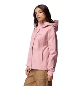 Campera impermeable Columbia modelo Hikebound II, color rosado, con capucha ajustable, cierre frontal con solapa, bolsillos con cremallera y tecnología Omni-Tech para mayor transpirabilidad y protección contra la lluvia.