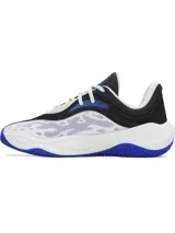 Championes de básquetbol Under Armour Curry Splash 25, con diseño en colores blanco, negro y azul. Presentan una parte superior de malla transpirable con refuerzos, entresuela Micro G para mayor amortiguación y suela de goma con patrón de tracción circular.