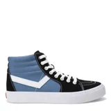 Championes de caña alta Pony, con diseño bicolor en negro y azul, confeccionados en lona con detalles en cuero sintético blanco, cordones blancos y suela de goma blanca.