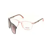 Anteojos de receta con armazón de acetato transparente en tono rosado, que incluye un clip-on magnético de sol en color gris oscuro. Presenta patillas en tono gris con detalles en naranja en los extremos.