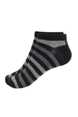 Par de medias tobilleras a rayas horizontales en tonos negro y gris.