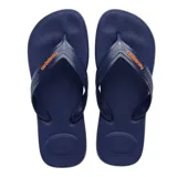 Chancletas Havaianas modelo Top Max Comfort para hombre, de color azul marino, con tiras anchas texturizadas y el logo de la marca en color naranja.