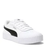 Championes Puma Carina 2.0 de cuero sintético blanco con detalles en negro, cordones blancos y suela de goma blanca.