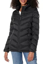 Campera puffer corta negra Calvin Klein de diseño ultraligero con relleno de plumón, capucha y cierre frontal de cremallera.