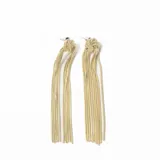 Par de aros colgantes largos en color dorado, con diseño de nudo en la parte superior y múltiples cadenas finas que caen en forma de flecos.
