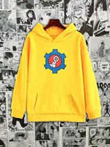 Canguro amarillo con capucha y bolsillo delantero, estampado con el logo de Reki de SK8 The Infinity en el pecho.