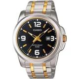 Reloj CASIO con caja plateada y detalles dorados, esfera negra con números arábigos dorados, agujas doradas luminiscentes, calendario a las 3 y correa de acero inoxidable plateada con eslabones centrales dorados.