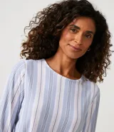 Pijama largo de dos piezas con estampado de rayas verticales en tonos azul, blanco y rosa. La blusa es de manga larga con cuello redondo y puños ajustados en ribana azul. El pantalón es largo, con cintura elástica y puños ajustados en ribana azul.