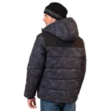 Campera parka Maui and Sons con estampado camuflado en tonos azules y negros. Tiene capucha fija con forro interior, cierre frontal con tapeta y broches metálicos, bolsillos frontales con cierre y tapeta, puños interiores rib y acolchado liviano.