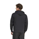 Canguro Adidas Essentials Pocket negro con capucha, cordones ajustables y bolsillo tipo canguro. Presenta el logo de Adidas bordado en blanco en el pecho y las tres tiras blancas características de la marca en las mangas.
