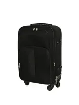 Valija carry on negra de tela twill, con bolsillos frontales con cierre, cuatro ruedas multidireccionales y asa telescópica ajustable.