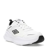 Championes urbanos Umbro modelo Dash, color blanco con detalles en negro. Presentan un diseño moderno con entresuela voluminosa para mayor amortiguación y suela de goma resistente. Incluyen el logo de la marca en el lateral y la lengüeta.