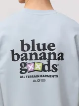 Buzo celeste de cuello redondo, con mangas largas y estampa trasera con la inscripción "blue banana goods".