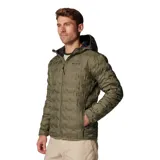Campera técnica Columbia con capucha, color verde oliva. Presenta tecnología HeatSeal™ con construcción sin costuras, forro termorreflectante Omni-Heat™ y aislamiento de plumón de 650 fill power. Incluye cierre frontal completo, bolsillos laterales con cremallera y ribetes elásticos en puños, dobladillo y capucha.