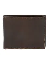 Billetera de cuero natural color marrón con costuras a la vista y logo de la marca grabado en la parte inferior. Cuenta con protección RFID para tarjetas.