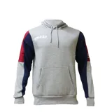 Canguro Umbro de hombre, color gris con mangas en bloques de color azul y rojo. Presenta capucha con cordón ajustable, bolsillo frontal tipo canguro y logo de la marca bordado en el pecho.