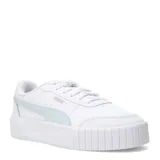 Championes urbanos Puma modelo Carina Mía, de diseño clásico con suela de plataforma robusta. Presentan una capellada de cuero sintético en color blanco con detalles en tono celeste pastel en el logo lateral y la suela. Cuentan con cierre de cordones y plantilla acolchada para mayor confort.