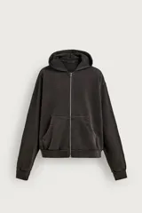 Hoodie con cierre frontal y capucha, color azul, de corte relaxed fit con interior afelpado y efecto lavado.