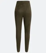 Pantalón legging de tiro alto color verde oliva, confeccionado en material sintético con recortes verticales y cierre lateral con cremallera.