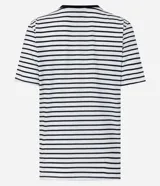 Blusa de media malla a rayas horizontales blancas y negras, con cuello redondo y mangas cortas. Aplicación de moñas negras.