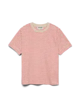 Remera de manga corta con hombros caídos y cuello redondo, de corte regular. Confeccionada en tejido de punto circular con acabado interlock, con rayas horizontales rojas y beige.