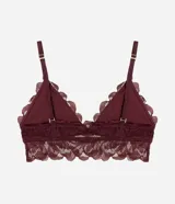 Soutien bralette tipo top de encaje floral color bordó, con diseño triangular y breteles finos regulables.