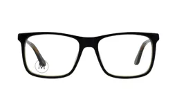 Anteojos de acetato negros con forma rectangular y patillas color carey.