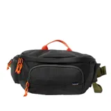 Riñonera Roark modelo Compadre color negro, con detalles en naranja y verde militar, múltiples compartimentos con cierre y correa ajustable.