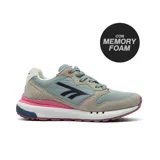 Championes deportivos Hi-Tec modelo Phoenix Lady, con diseño en tonos gris, celeste y detalles en fucsia. Presentan una combinación de materiales textiles y gamuza, con suela de goma y tecnología Memory Foam para mayor confort.