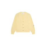 Cardigan de punto color amarillo claro, con escote en V, cierre frontal con botones y diseño texturado de ochos.