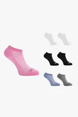 Pack de siete pares de medias sin caña, con diseño de malla transpirable y franjas en el empeine. Incluye un par rosado, dos pares blancos, dos pares negros, un par azul y un par gris.