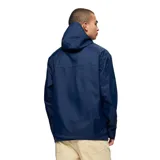 Chaqueta impermeable de nylon reciclado color azul marino, con capucha ajustable, cierre frontal, bolsillos laterales con cierre y puños con velcro.
