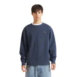 Buzo de cuello redondo Quiksilver, color azul marino, con detalle de costura en V en el cuello y parche pequeño con logo en el pecho.