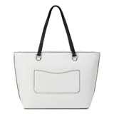 Cartera tipo tote Guess modelo Viviette, color blanco con textura grabada con el logo de la marca. Presenta asas largas en color negro, logo triangular metálico en el frente y dije colgante con placa metálica.