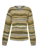 Sweater de punto con diseño de rayas horizontales irregulares en tonos verde, amarillo y gris. Presenta cuello redondo y mangas largas con puños acanalados.