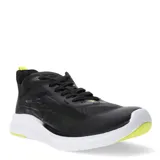 Championes deportivos Topper modelo VR Pro, color negro con suela blanca y detalles en amarillo neón. Presentan un diseño aerodinámico con tejido sintético transpirable, cierre mediante cordones y entresuela amortiguada.