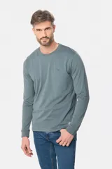 Remera manga larga lisa, color gris claro, con cuello redondo y logo bordado en el pecho.