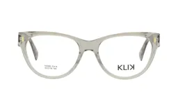 Lentes ópticos Klix modelo 103AD, color gris translúcido con diseño de armazón tipo cat-eye y detalles metálicos dorados en las esquinas superiores.