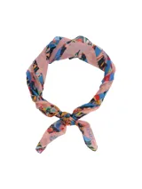 Pañuelo de seda natural con diseño estampado multicolor, con motivos abstractos y logo de la marca RKF.