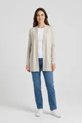 Cardigan largo sin botones de color beige, con mangas largas y diseño abierto y fluido.
