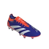 Championes de fútbol Adidas Predator Elite FG, color azul con detalles en naranja y blanco. Presentan empeine HybridTouch 2.0 con inserciones de goma Strikeskin y suela Controlframe 2.0 para césped natural seco.