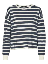 Sweater de punto con diseño de rayas horizontales en azul marino y blanco, cuello redondo y mangas largas con puños ajustados.