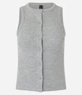 Musculosa de tejido rib con cuello redondo y cierre frontal con botones. Diseño sin mangas y ajuste al cuerpo.
