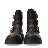 Botas de caña media color marrón oscuro con suela track gruesa. Presentan tres correas horizontales con hebillas metálicas plateadas en el lateral externo.