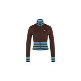 Campera deportiva Adidas de corte ajustado, color marrón con detalles a rayas celestes y blancas en el cuello alto, los puños y el dobladillo inferior. Cuenta con cierre frontal y el logo clásico de la marca bordado en el pecho.
