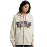 Campera con cierre frontal y capucha, color beige, con estampado gráfico de la marca Billabong en color violeta y flores amarillas en el pecho. Presenta bolsillos tipo canguro y cordones ajustables en la capucha.