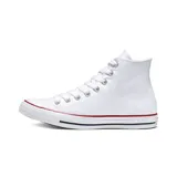 Championes de lona botita Converse Chuck Taylor All Star en color blanco, con suela de goma blanca con líneas negras y rojas, puntera de goma y parche clásico con estrella en el lateral.