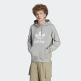 Canguro gris con capucha ajustable con cordón, confeccionado en felpa francesa de algodón. Presenta un bolsillo tipo canguro, puños y dobladillo acanalados, y el logo del trifolio de Adidas estampado en blanco en el pecho.