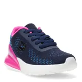 Championes deportivos Push modelo Mati, de color azul marino con detalles en fucsia y suela blanca. Presentan un diseño de tejido de malla transpirable, cierre con cordones y refuerzo en el talón.